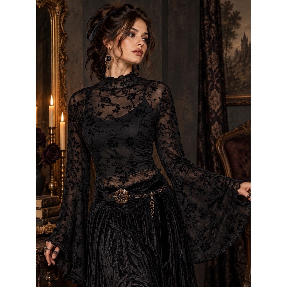 Bell Sleeve Velvet Burnout Top Gothic Renaissance Victorian Witchy Vamp Size XXL